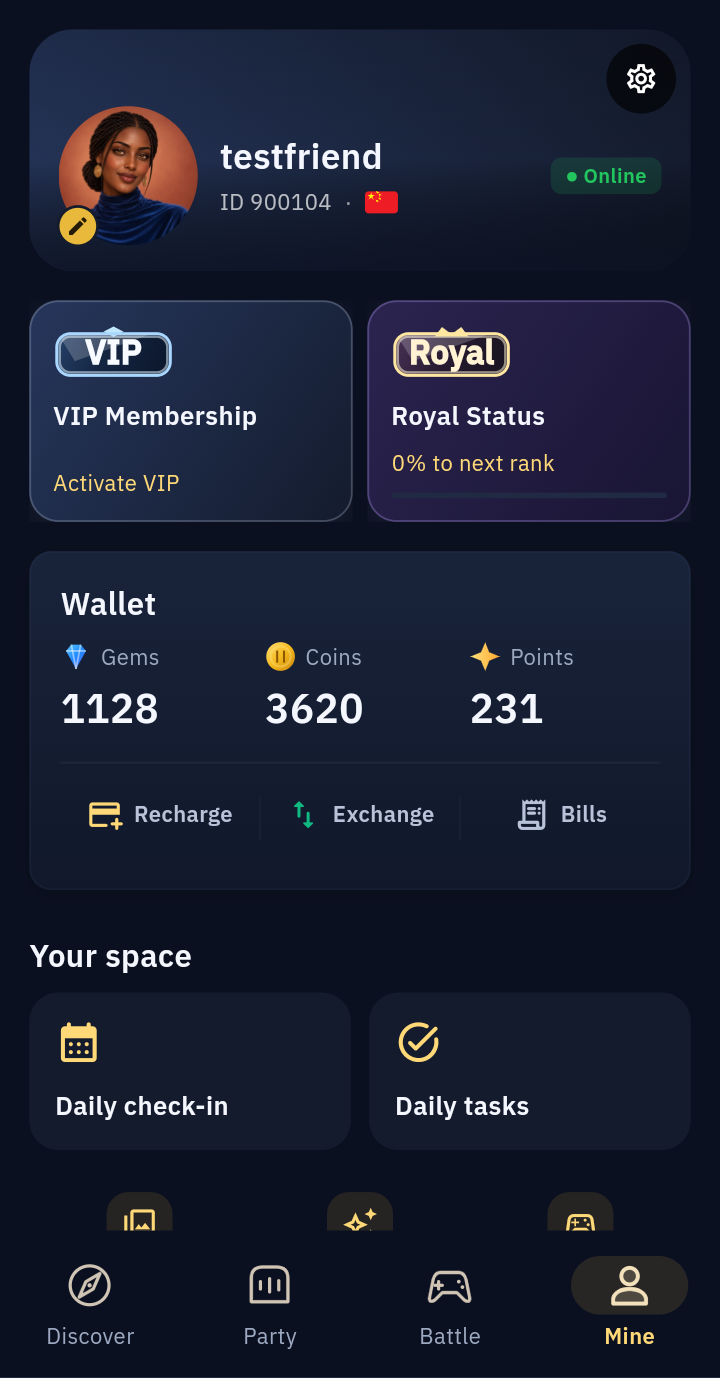 Kyberworld personal center screen