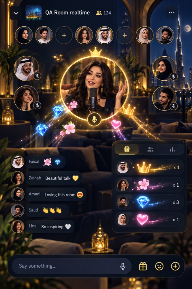 A Kyberworld creator hosting a voice party while viewers send gifts