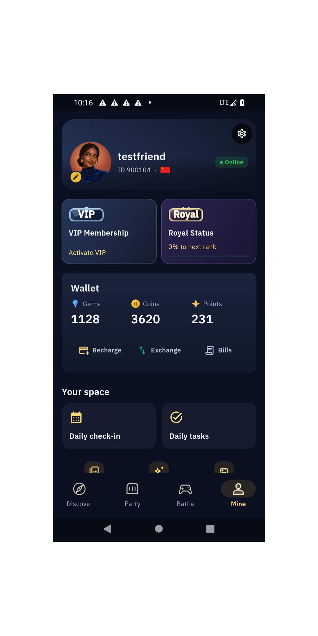 Kyberworld profile app screen