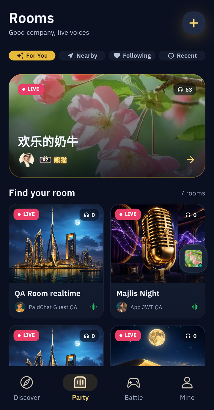 Kyberworld party room discovery screen